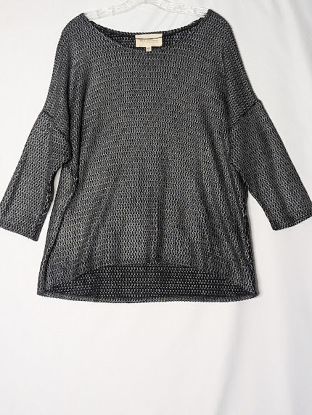 Two by VINCE CAMUTO black silver metallic Open Weave Hi Lo Sweater Futuristic